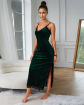 Deep V Lace Trim Side Slit Velvet Dress